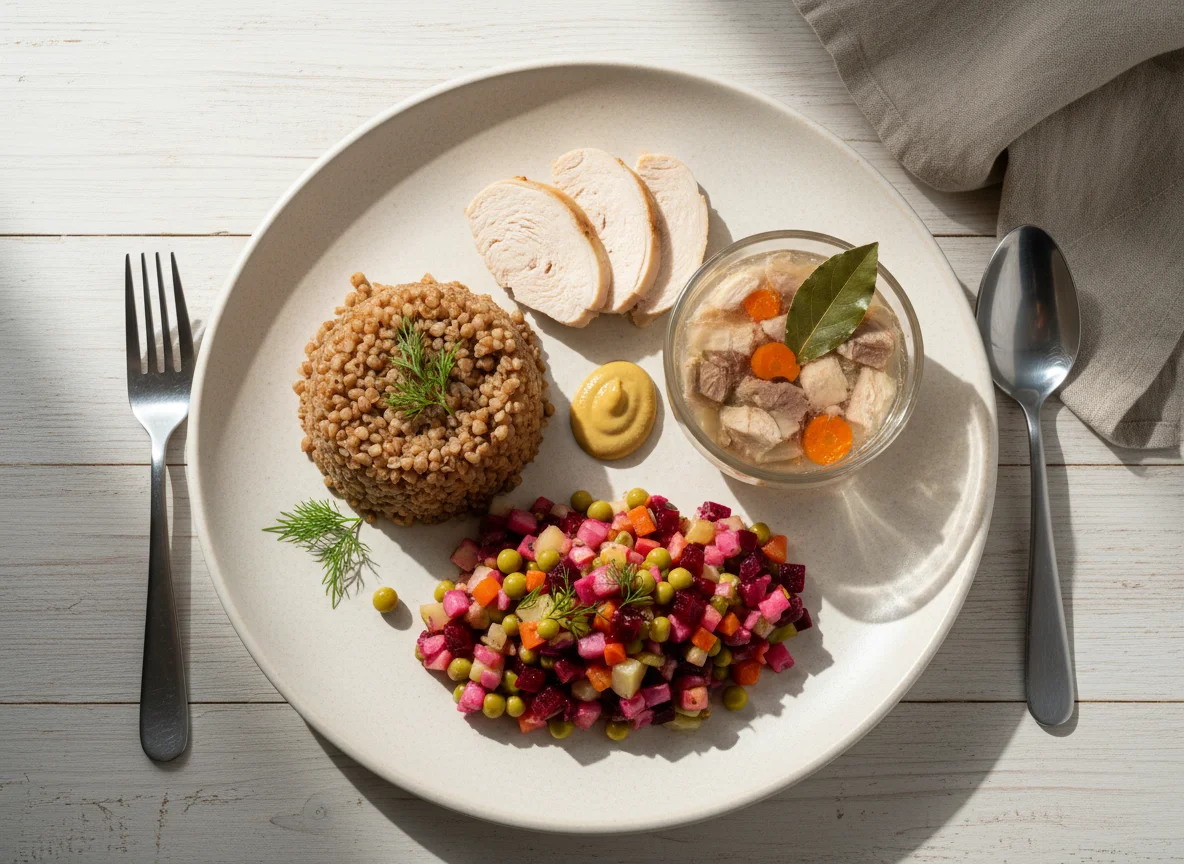Обед с гречкой, курицей, холодцом и винегретом photo