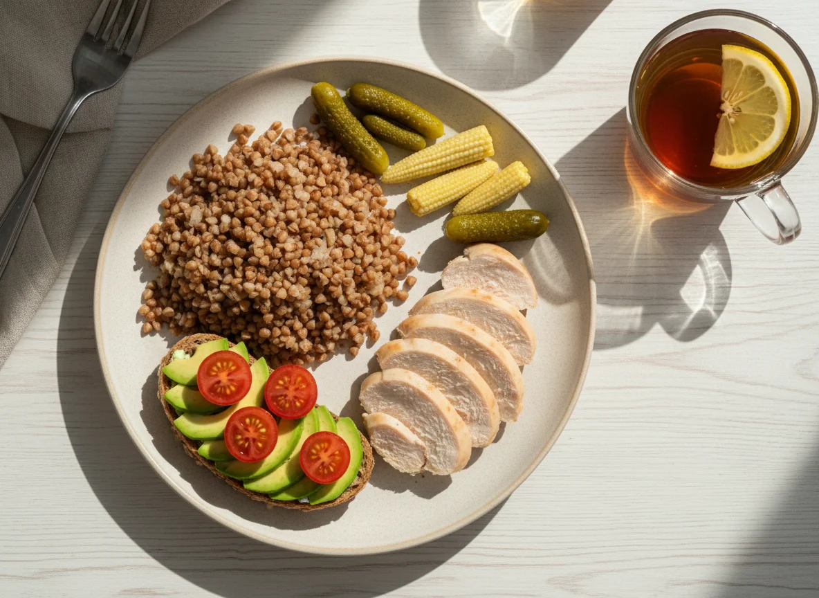 Обед с гречкой, курицей и авокадо-тостом photo