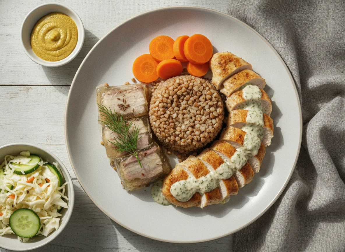 Обед с гречкой, курицей и холодцом photo