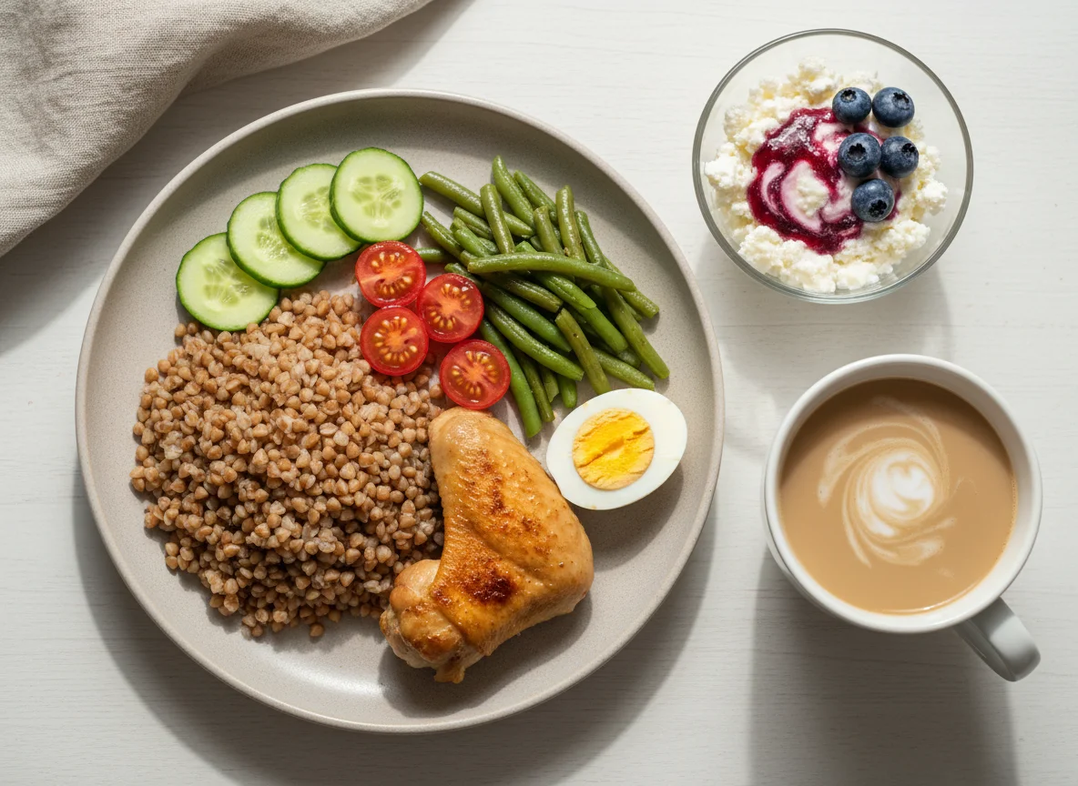 Обед с гречкой, курицей и овощами photo