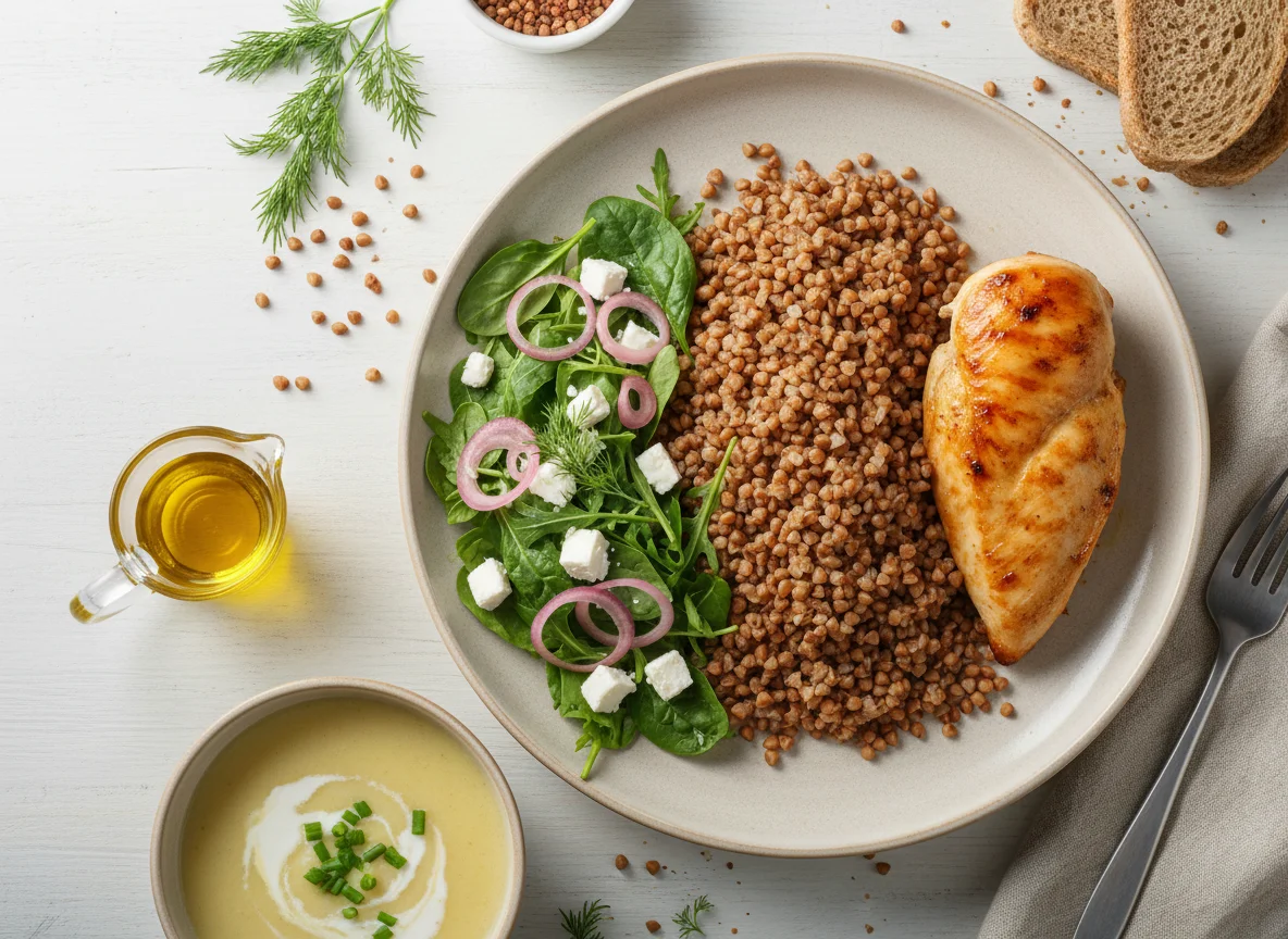 Обед с гречкой, курицей, салатом и супом photo