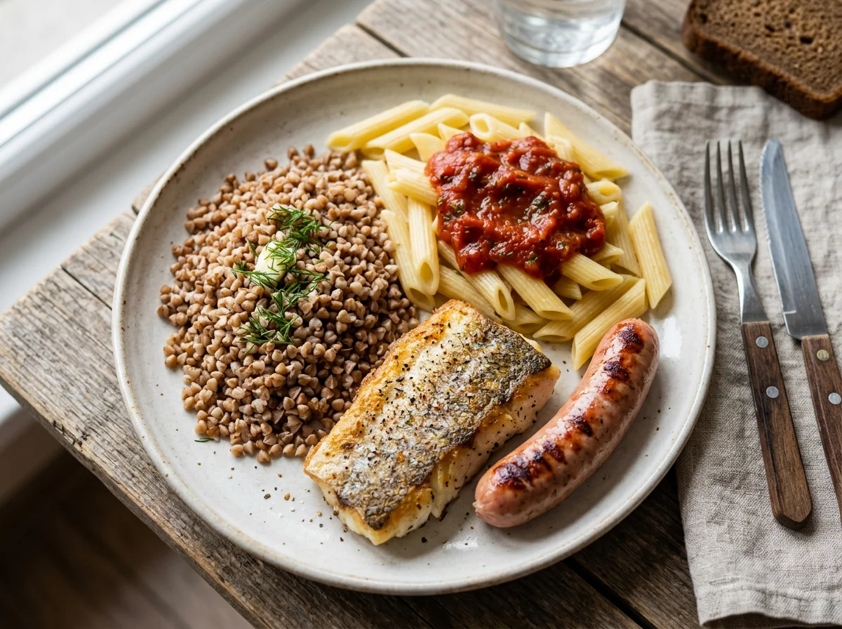 Обед с гречкой, макаронами, жареной рыбой и сосиской photo