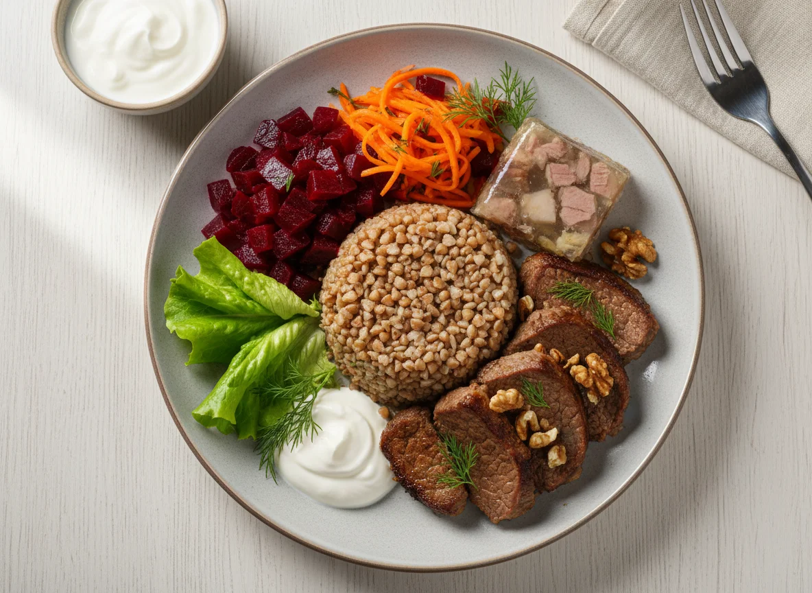 Обед с гречкой, мясом и овощами photo