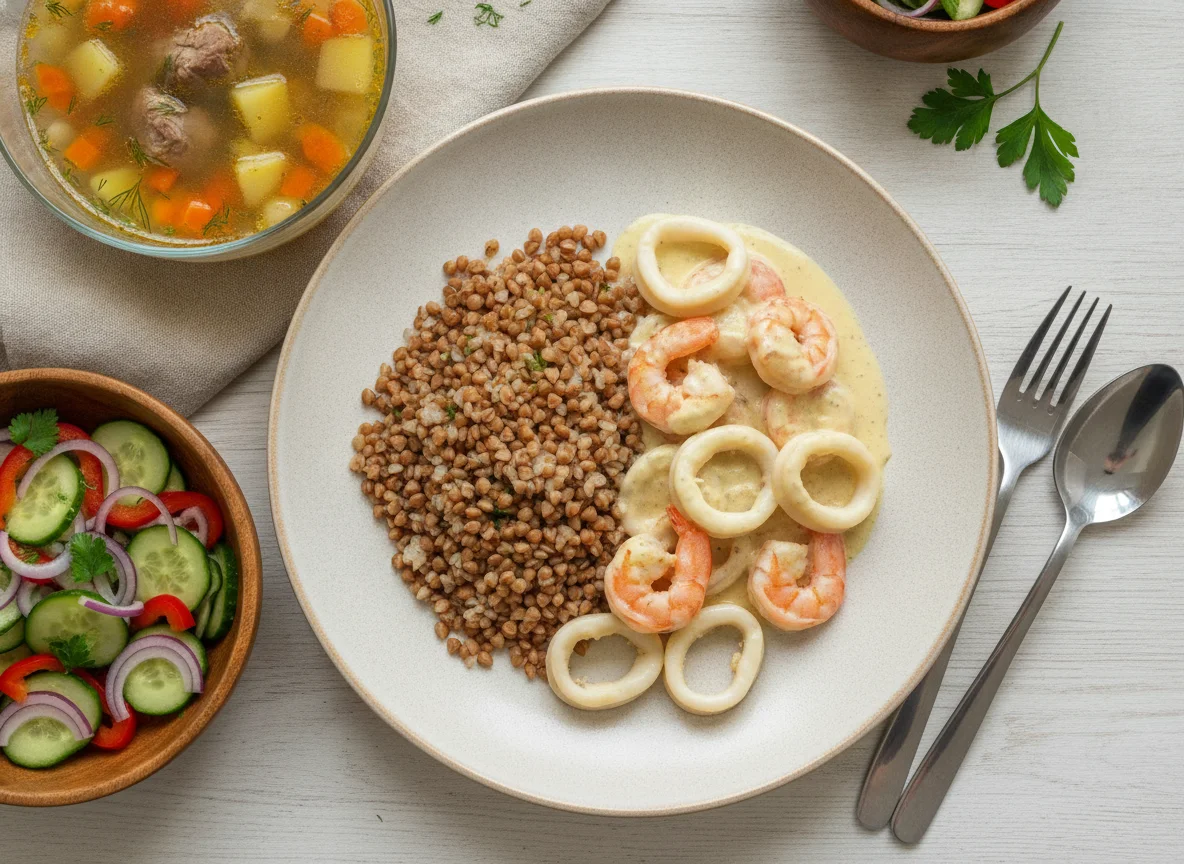 Обед с гречкой, морепродуктами, супом и салатом photo