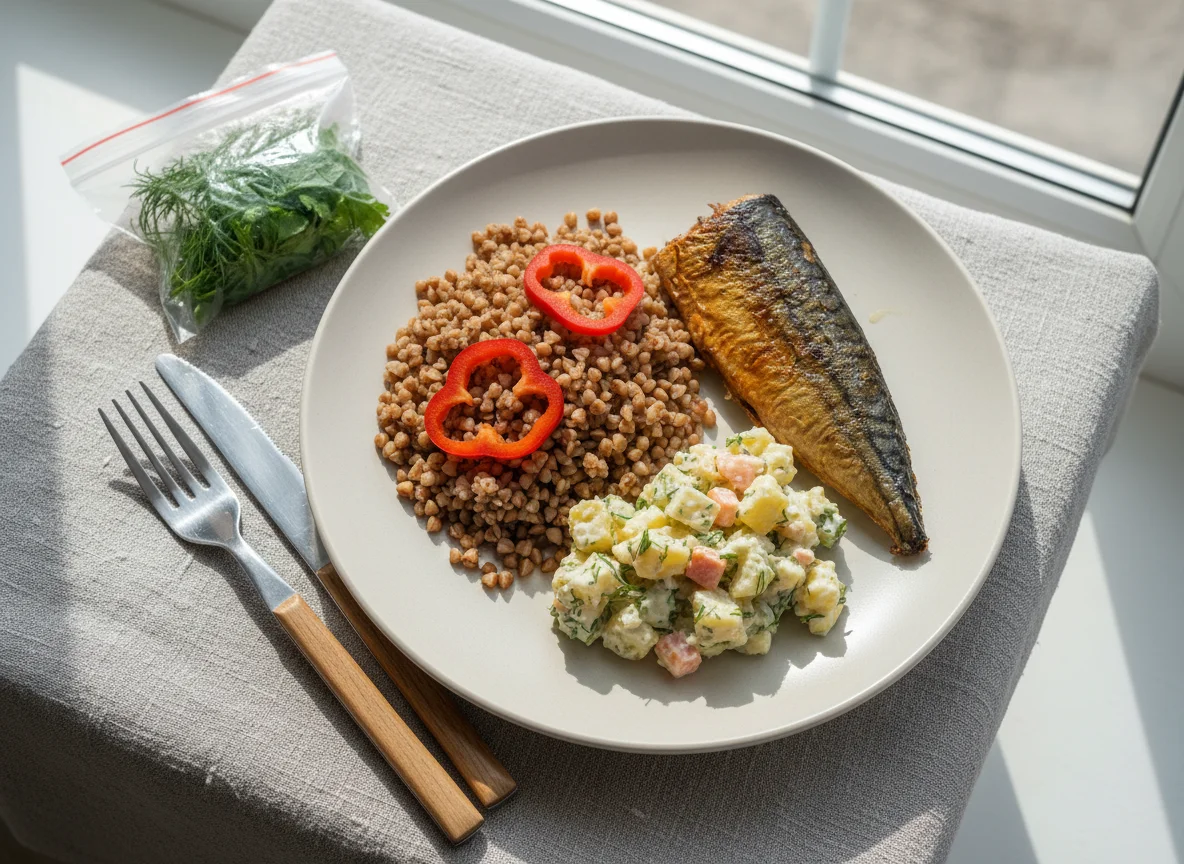 Обед с гречкой, рыбой и салатом photo