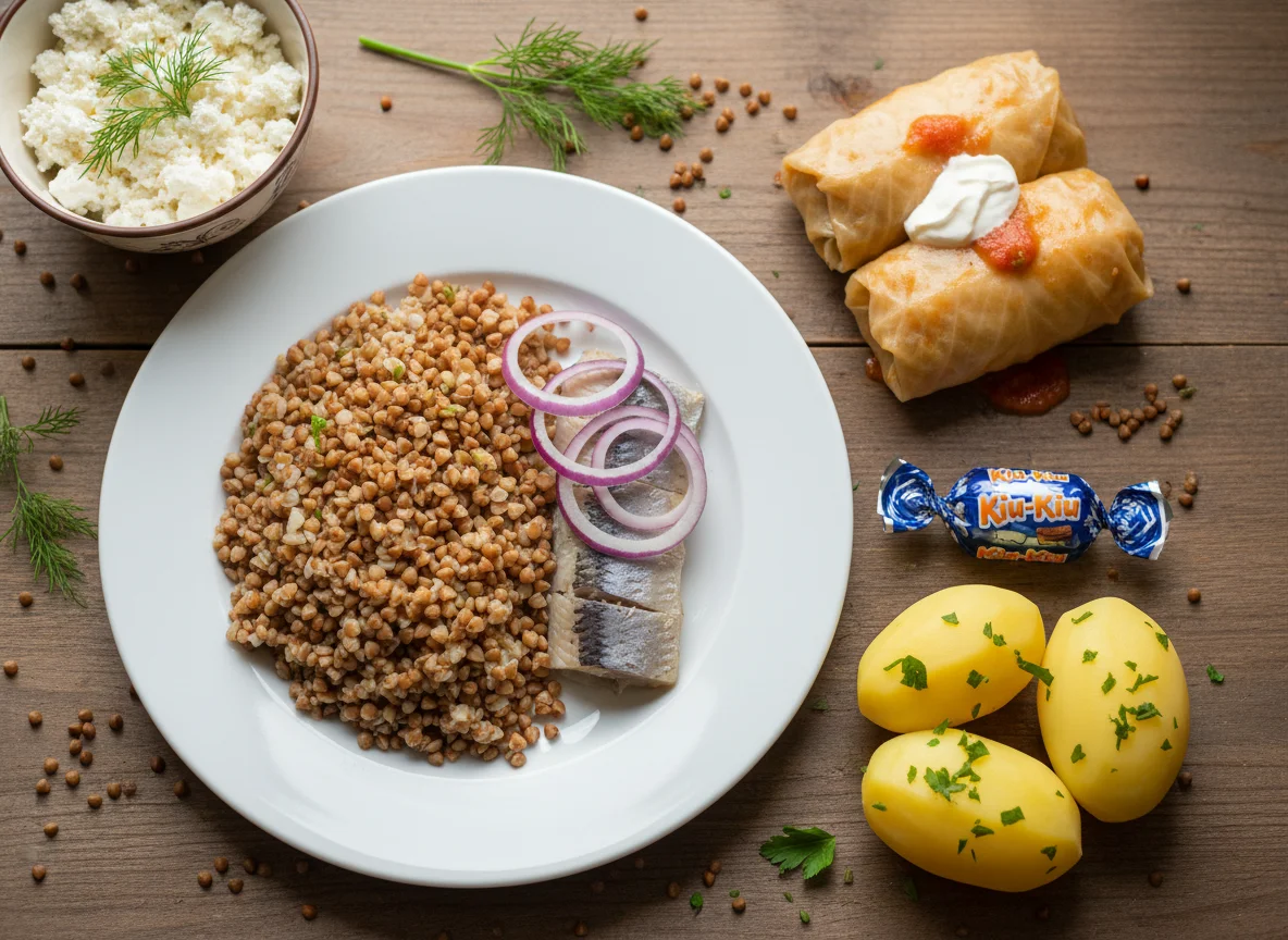 Обед с гречкой, рыбой и творогом photo