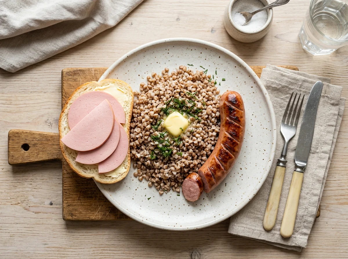 Обед с гречкой, сосиской и бутербродом photo