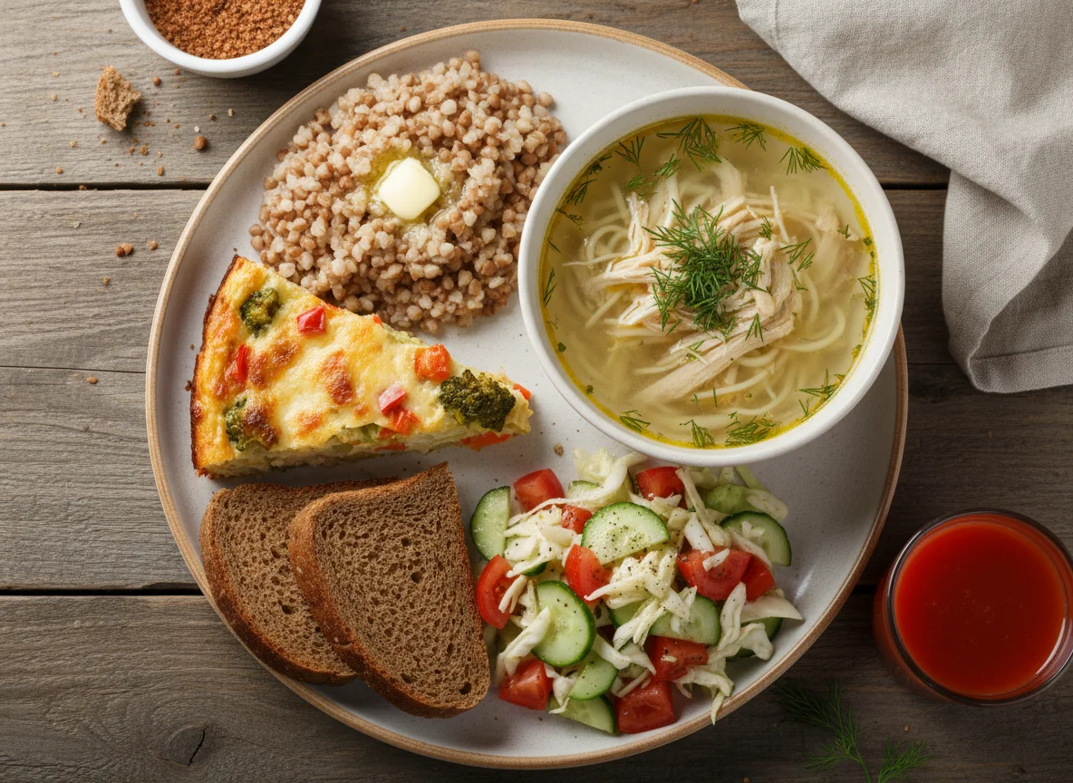 Обед с гречкой, запеканкой, супом и салатом photo