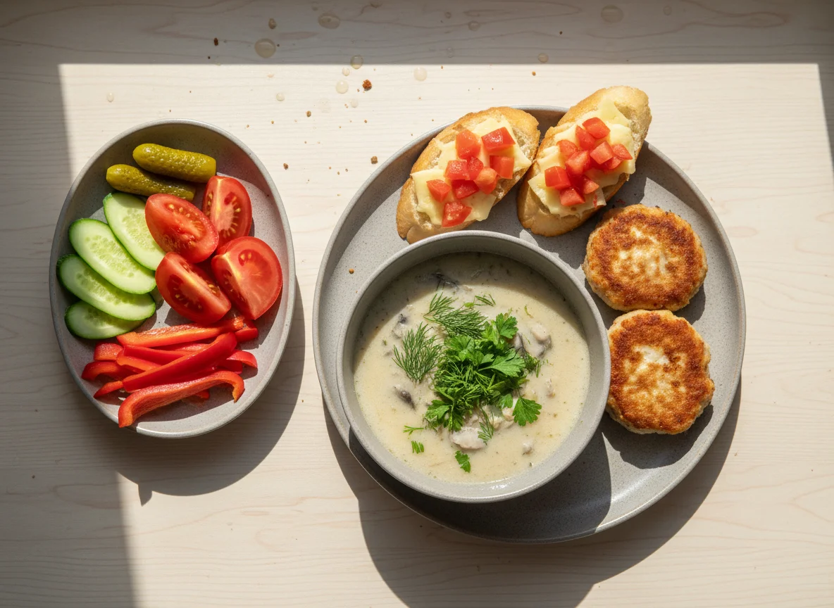 Обед с грибным супом и куриными котлетами photo