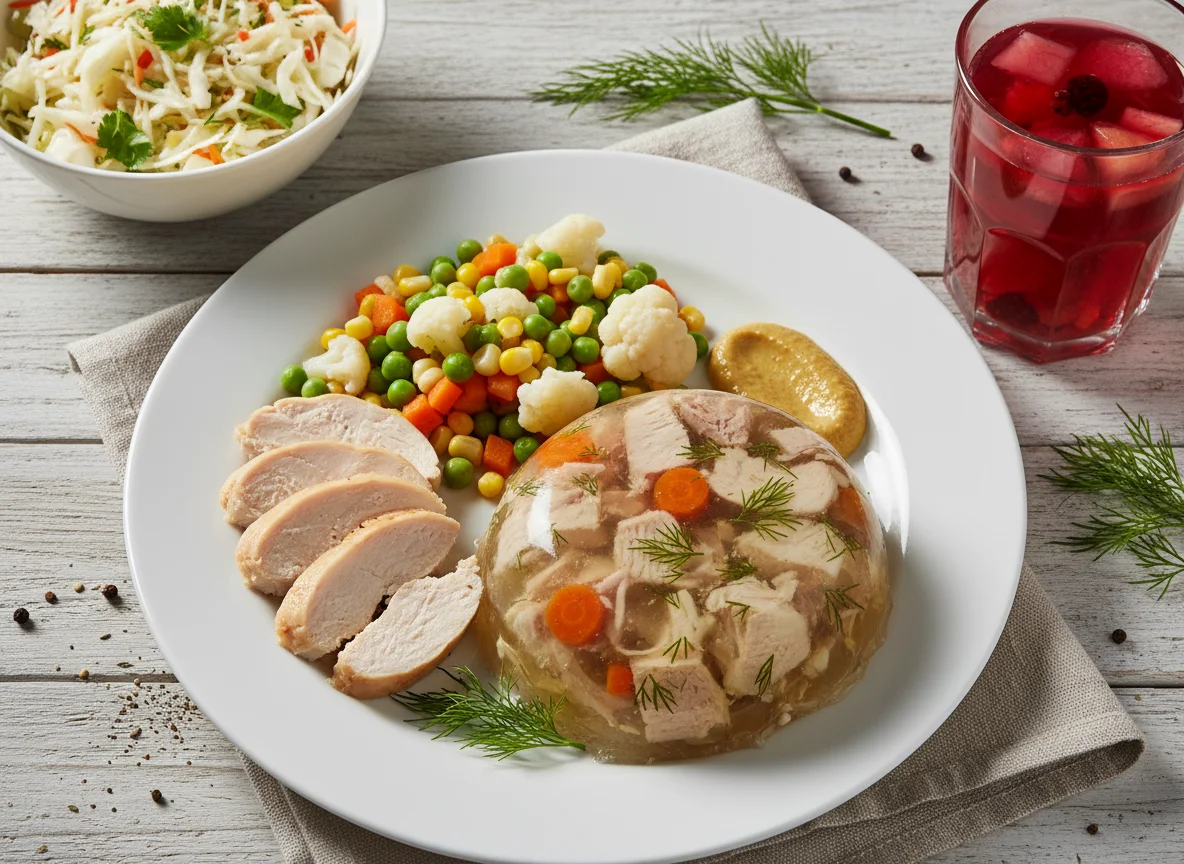 Обед с холодцом, курицей и овощами photo