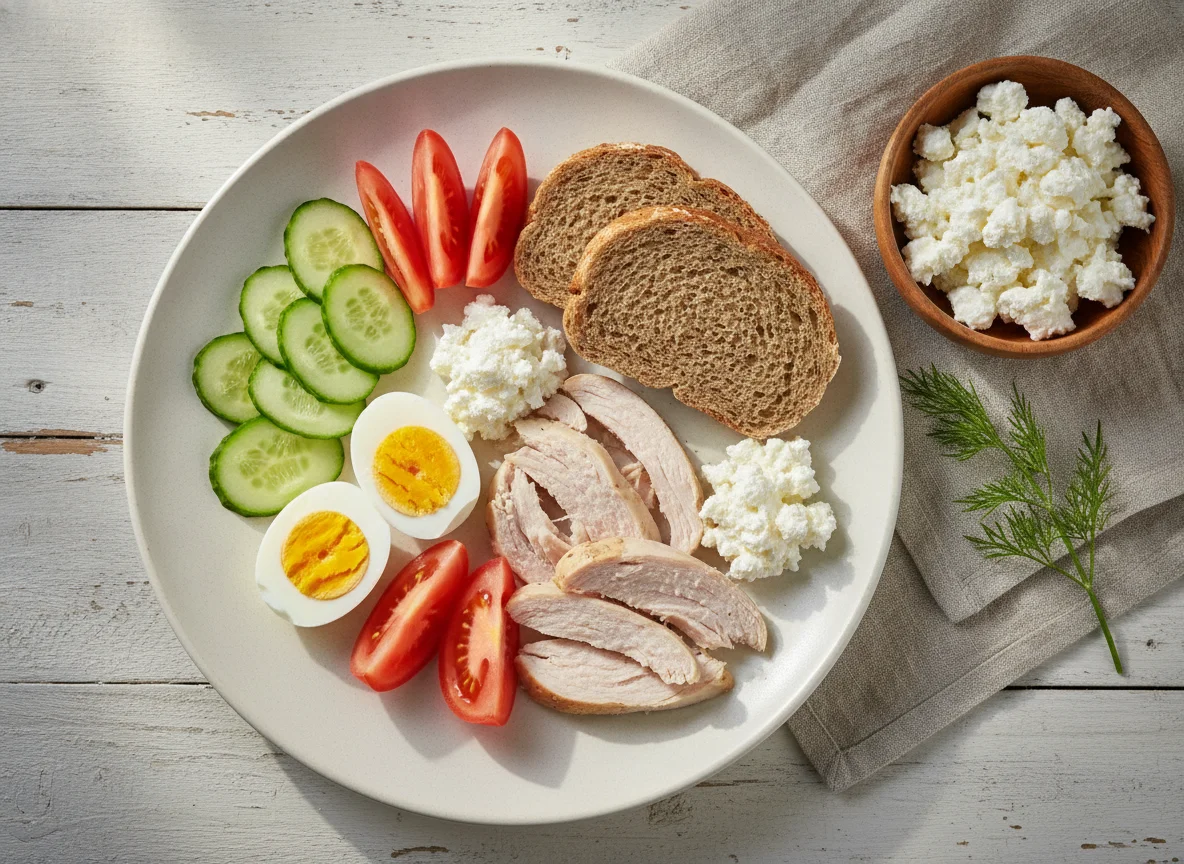 Обед с индейкой, яйцами, овощами и хлебом photo
