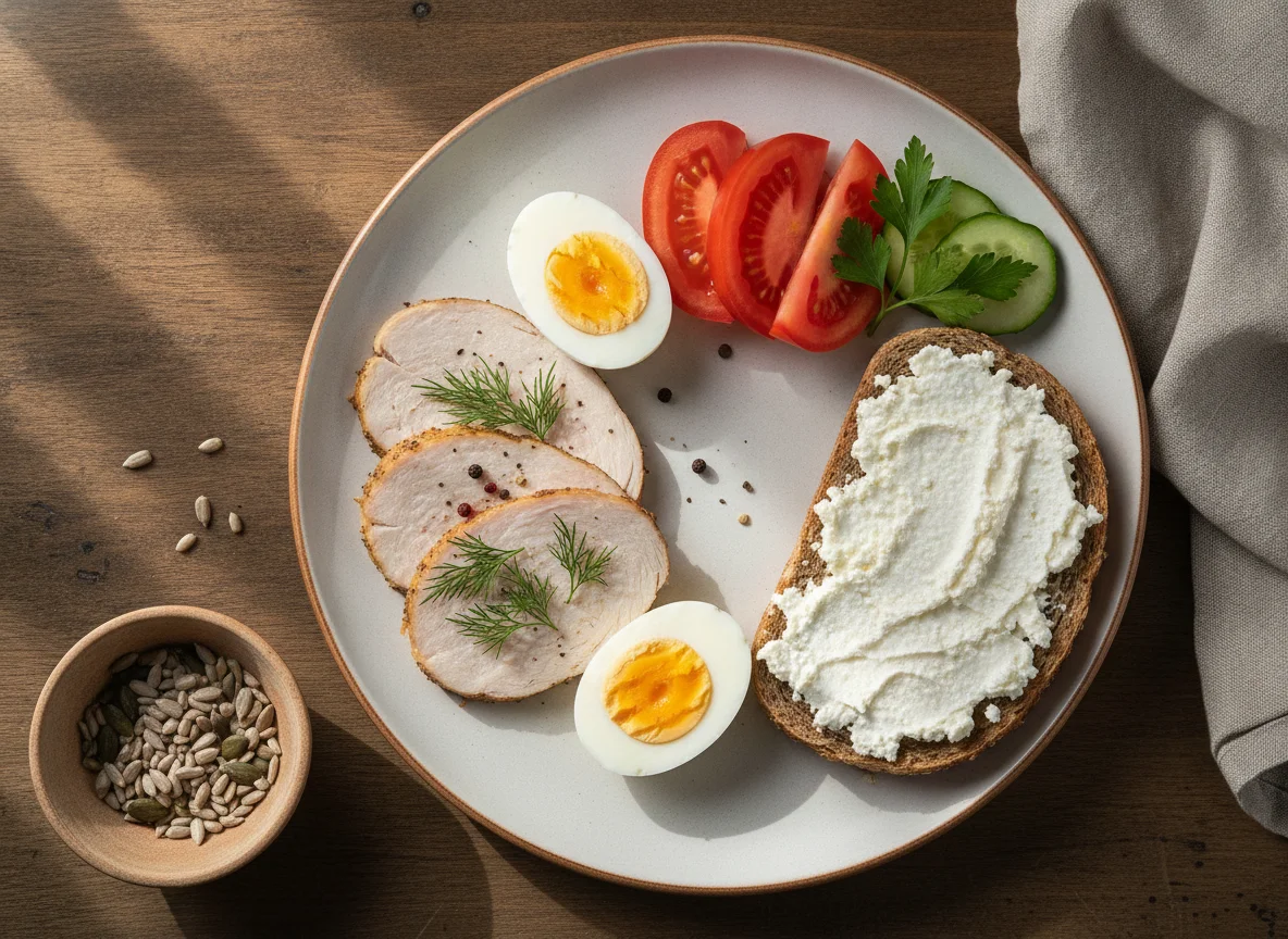 Обед с индейкой, яйцами, овощами и тостом photo