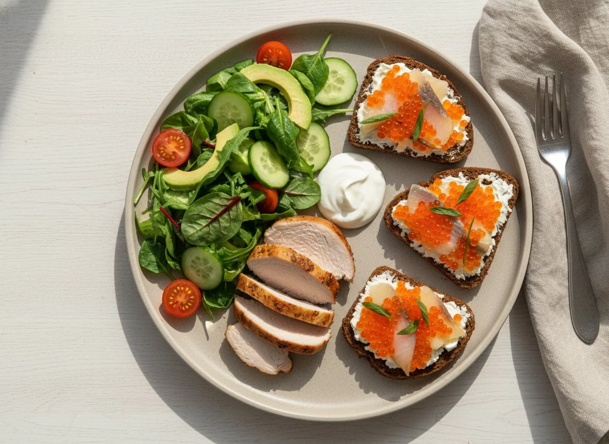 Обед с индейкой, салатом и бутербродами с икрой photo