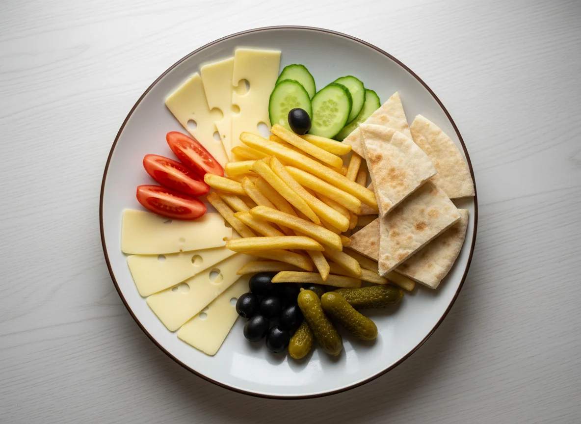 Обед с картофелем фри, сыром и овощами photo