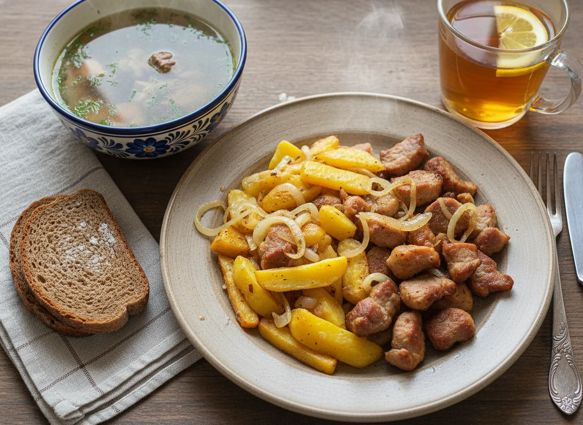 Обед с картофелем, мясом, супом и чаем photo