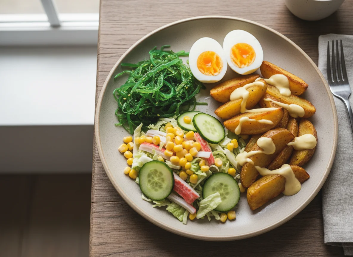 Обед с картофелем, салатом из водорослей и яйцами photo