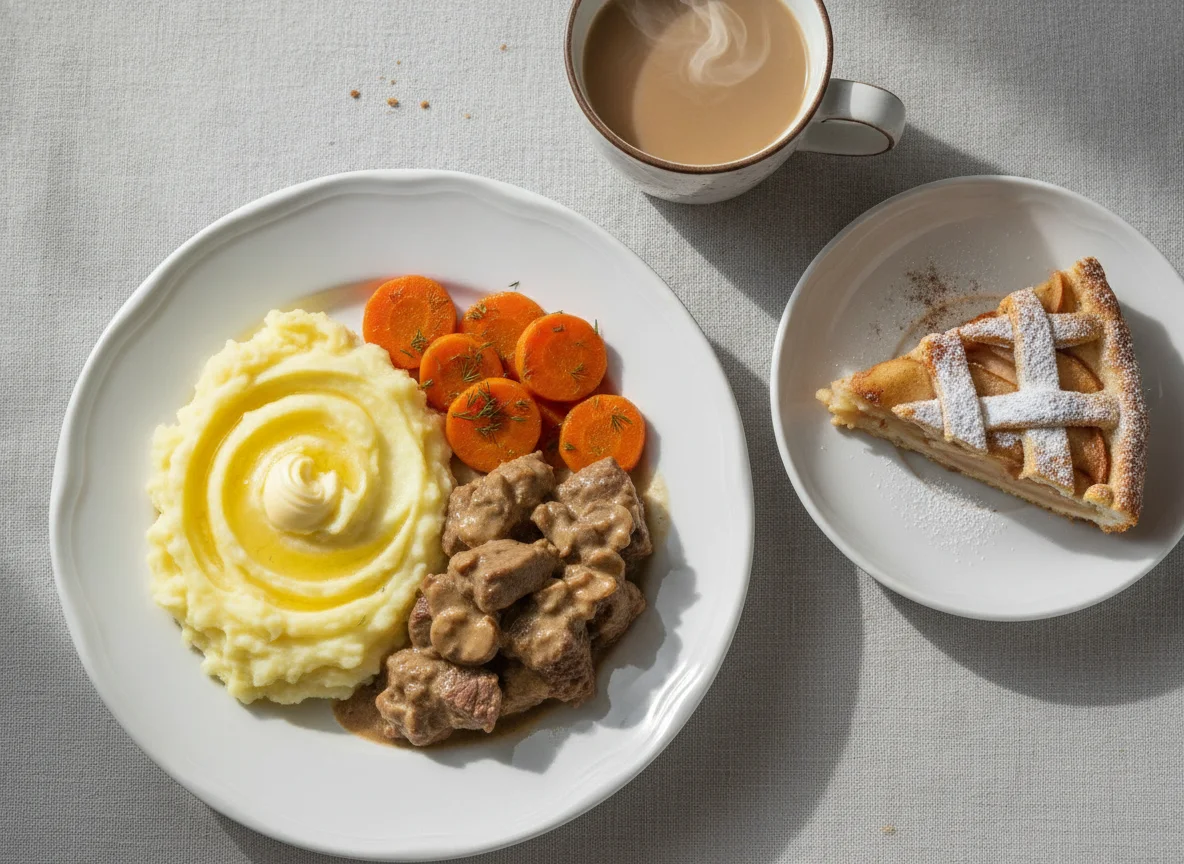 Обед с картофельным пюре, мясом, овощами и яблочным пирогом photo