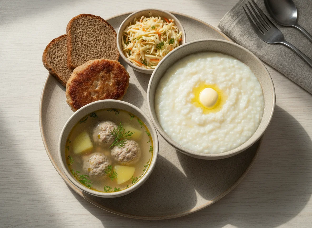 Обед с кашей, котлетой, супом и салатом photo