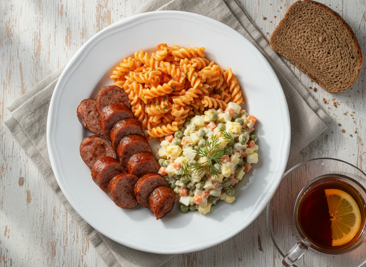 Обед с колбасой, макаронами и салатом Оливье photo