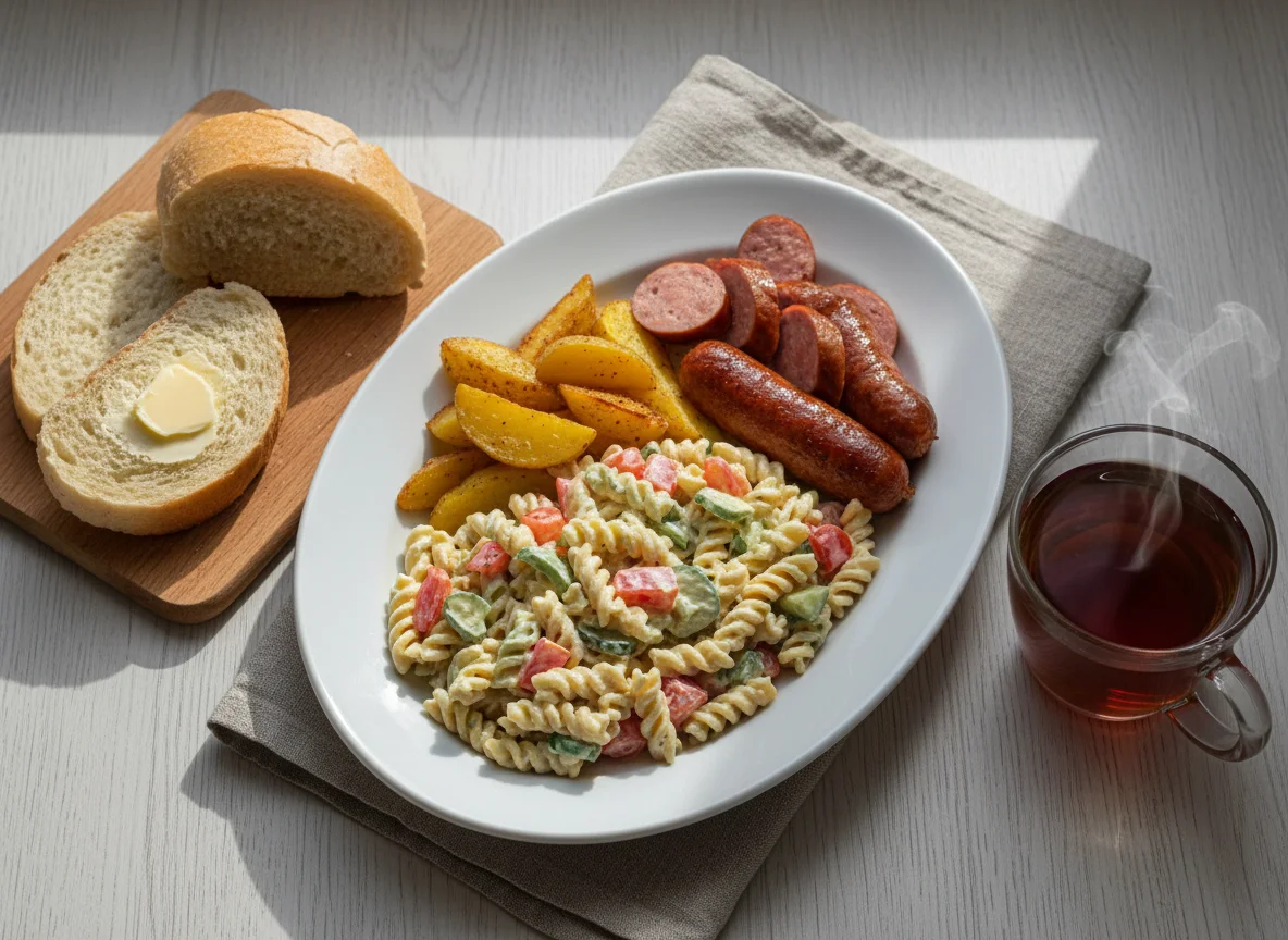 Обед с колбасой, макаронным салатом и хлебом photo
