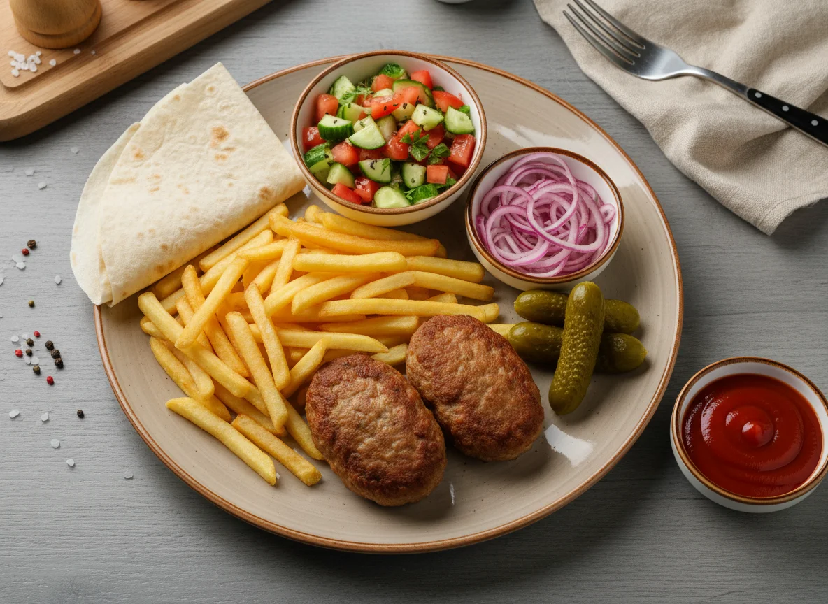 Обед с котлетами и картофелем фри photo