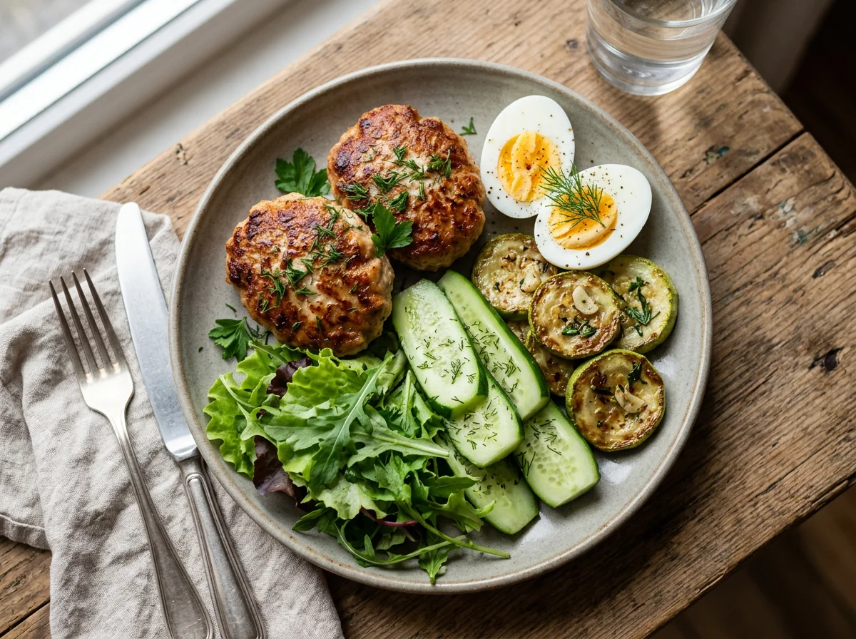 Обед с котлетами и овощами photo