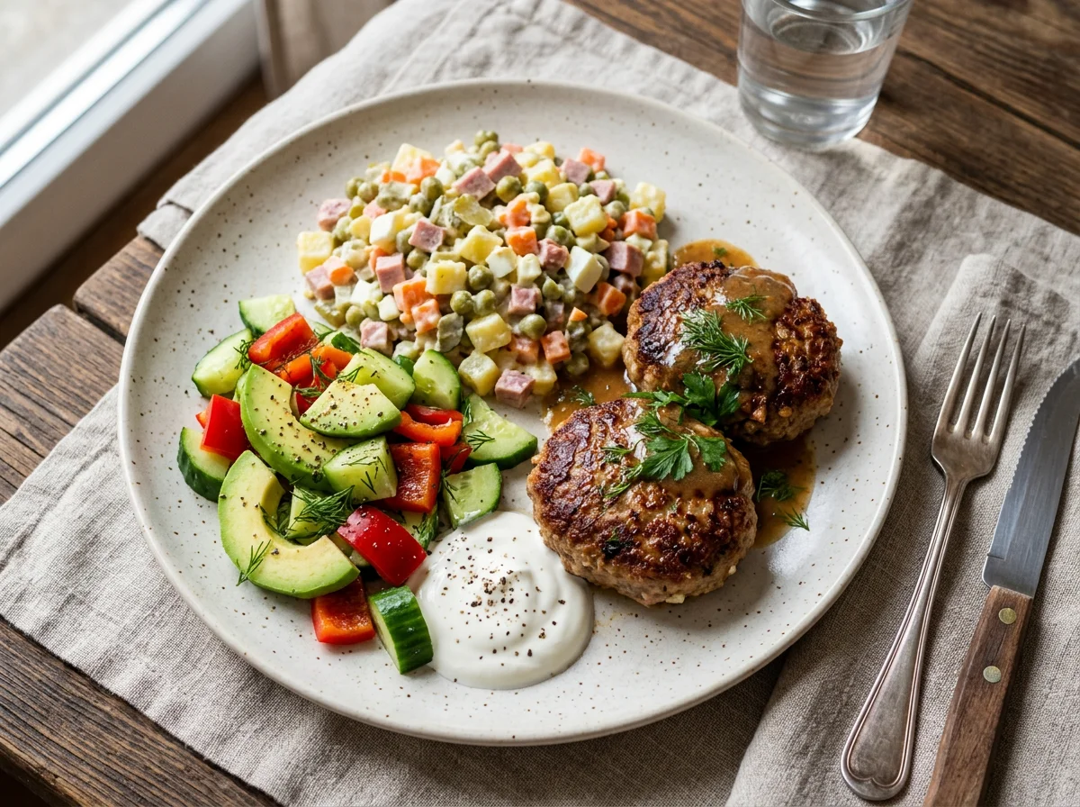 Обед с котлетами и салатами photo