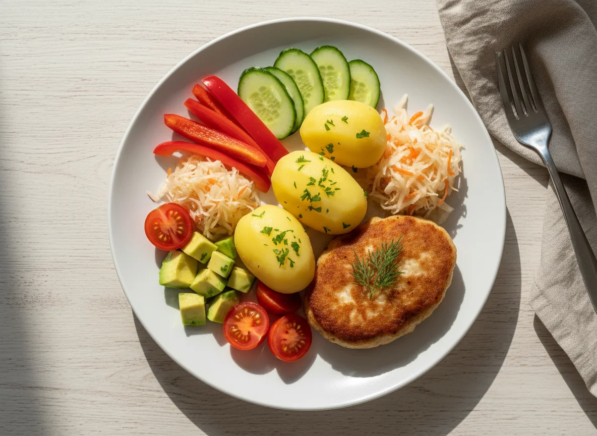 Обед с котлетами, картофелем и овощами photo