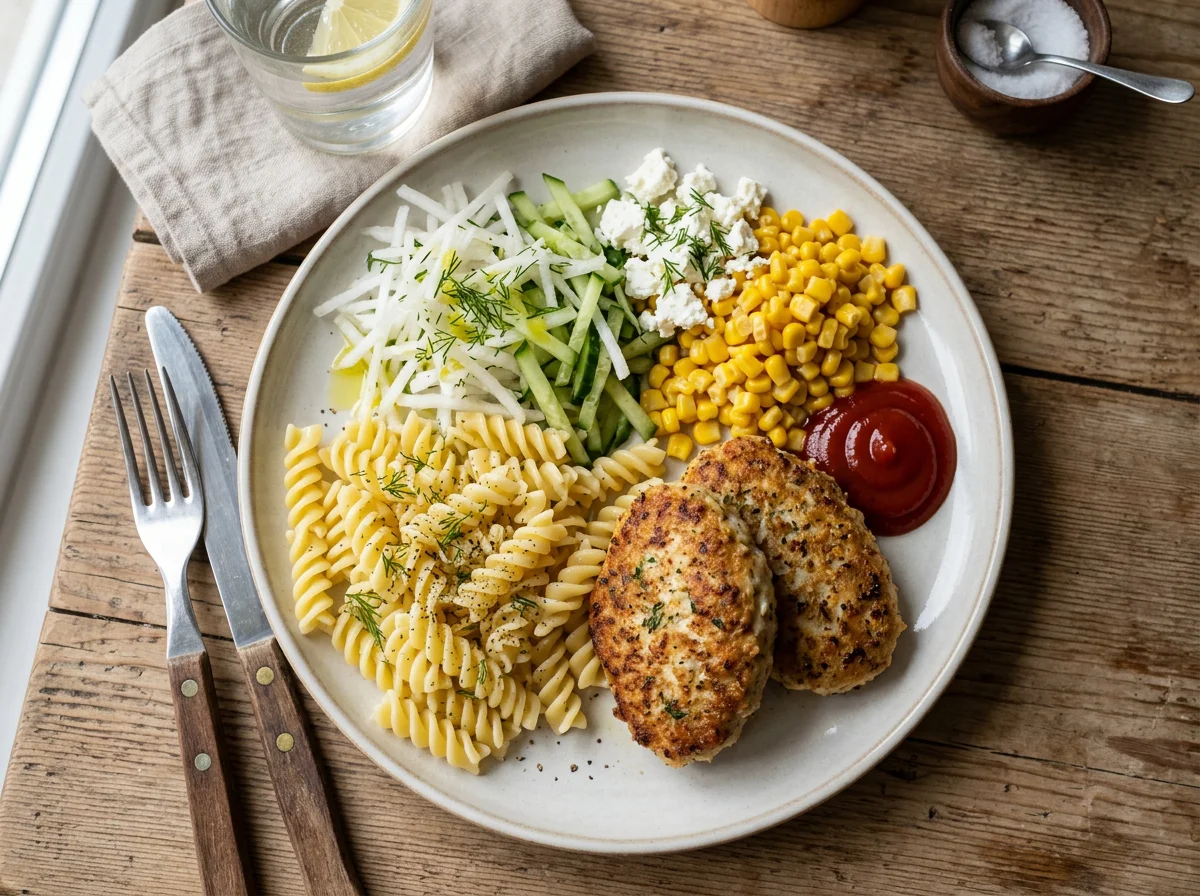 Обед с котлетами, макаронами и овощами photo