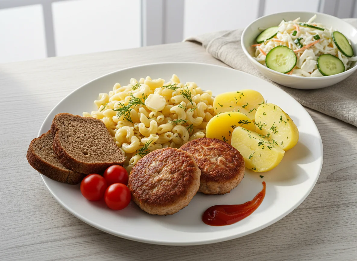 Обед с котлетами, макаронами, картофелем и салатом photo