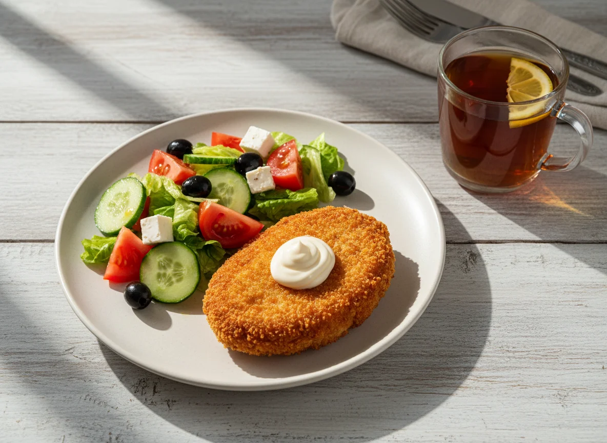 Обед с котлетой, греческим салатом и чаем photo