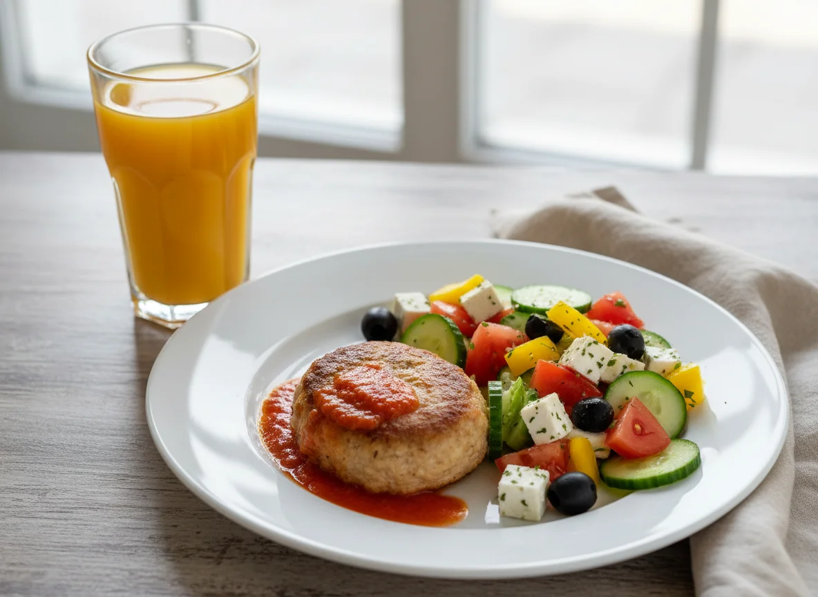Обед с котлетой, греческим салатом и соком photo