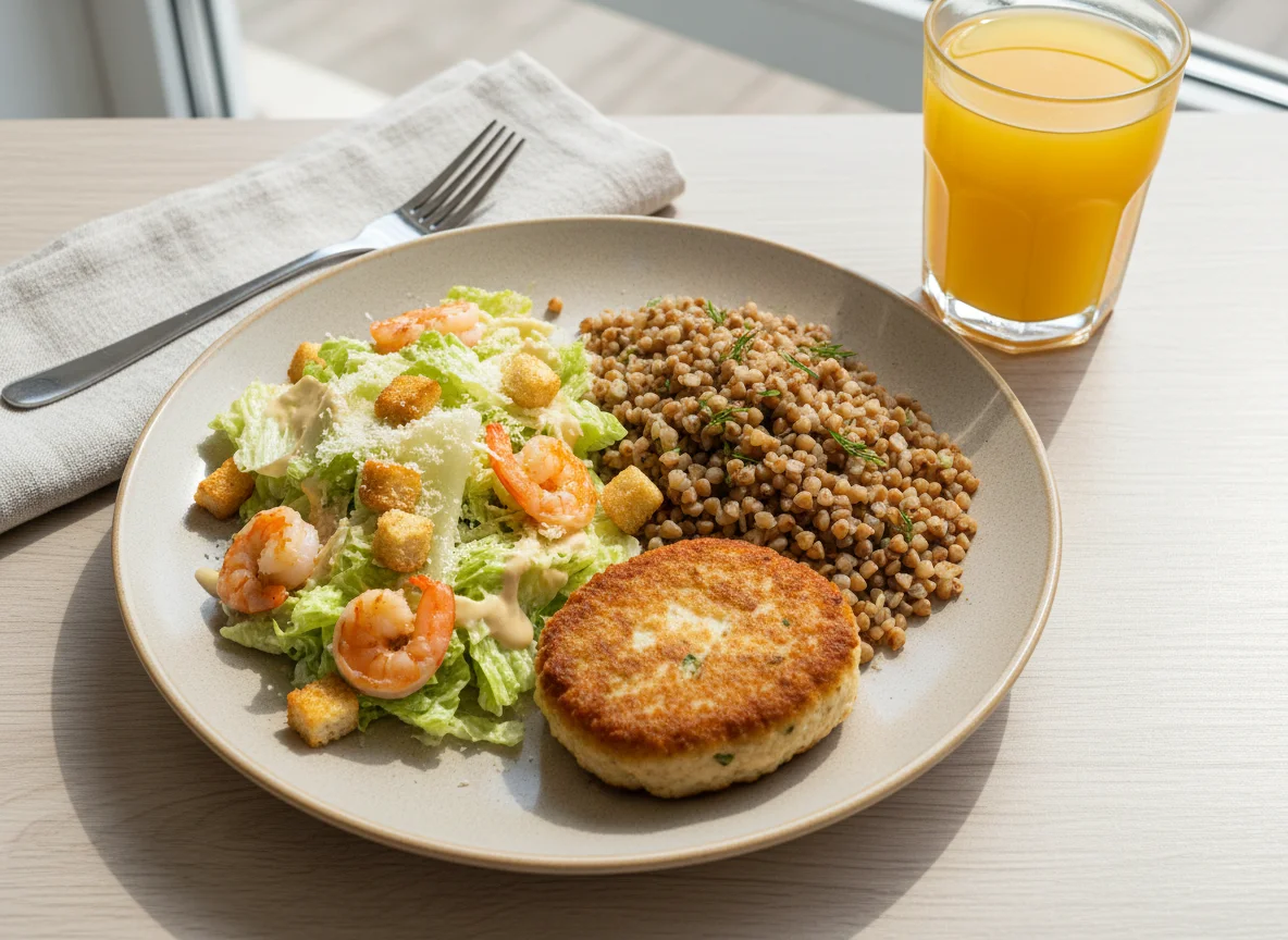 Обед с котлетой, гречкой и салатом photo