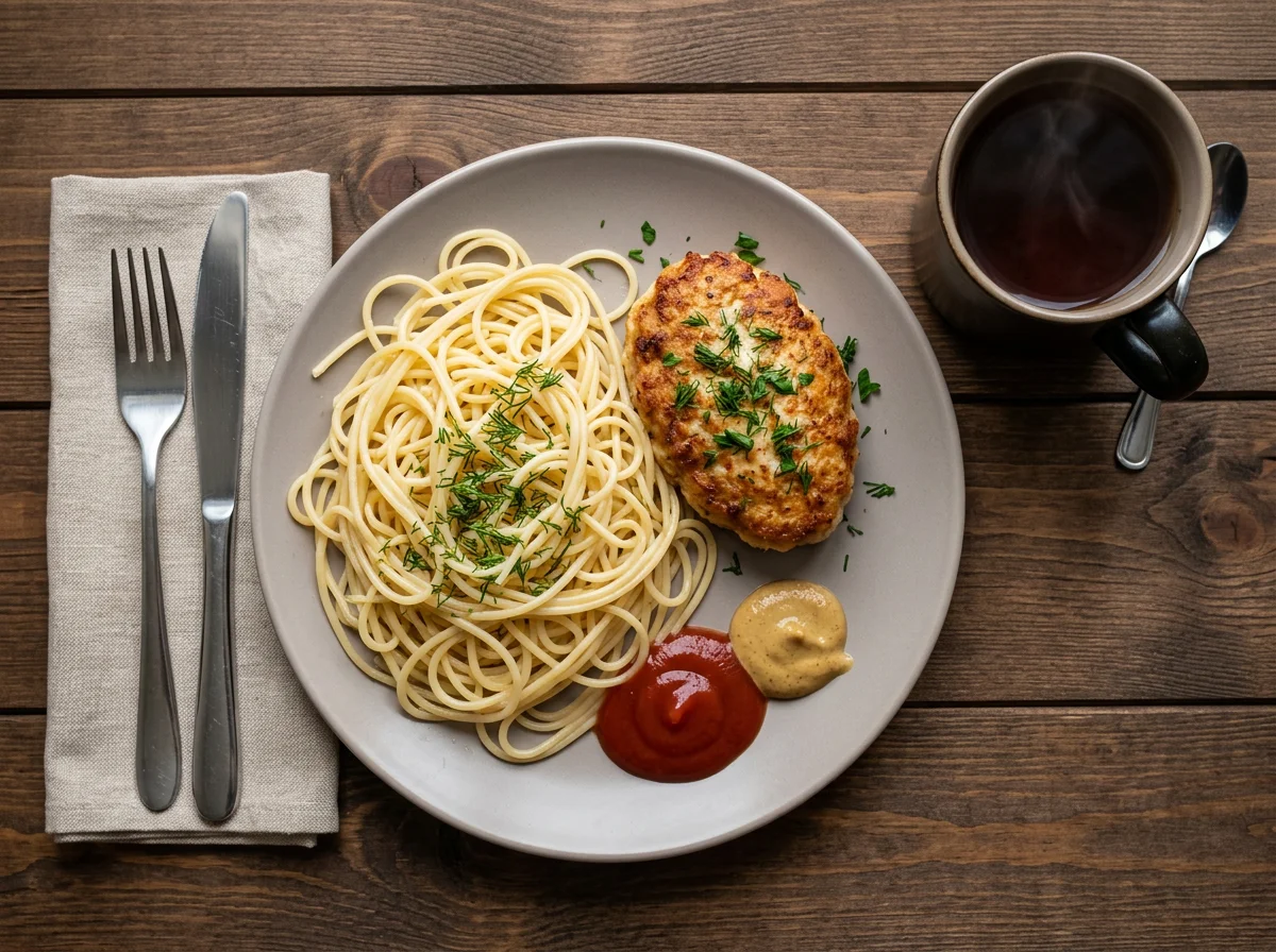 Обед с котлетой и спагетти photo