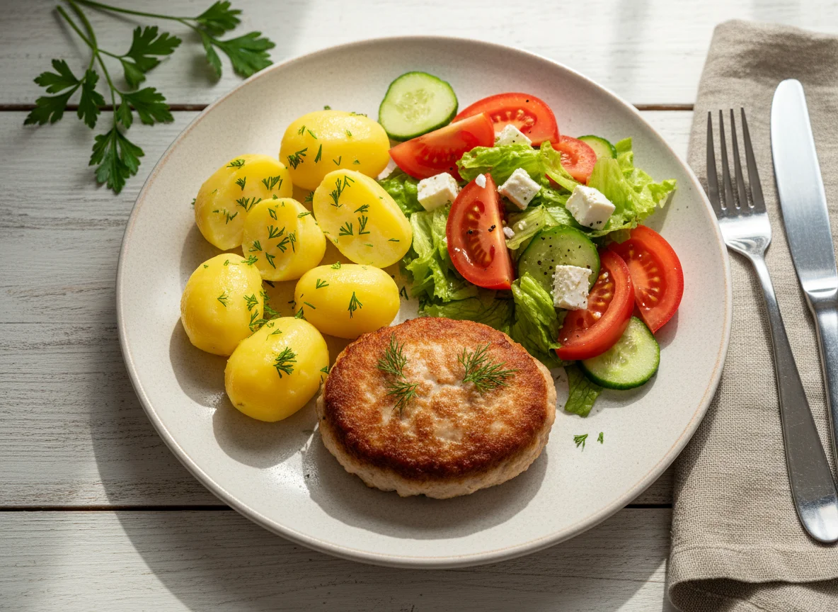 Обед с котлетой, картофелем и салатом photo