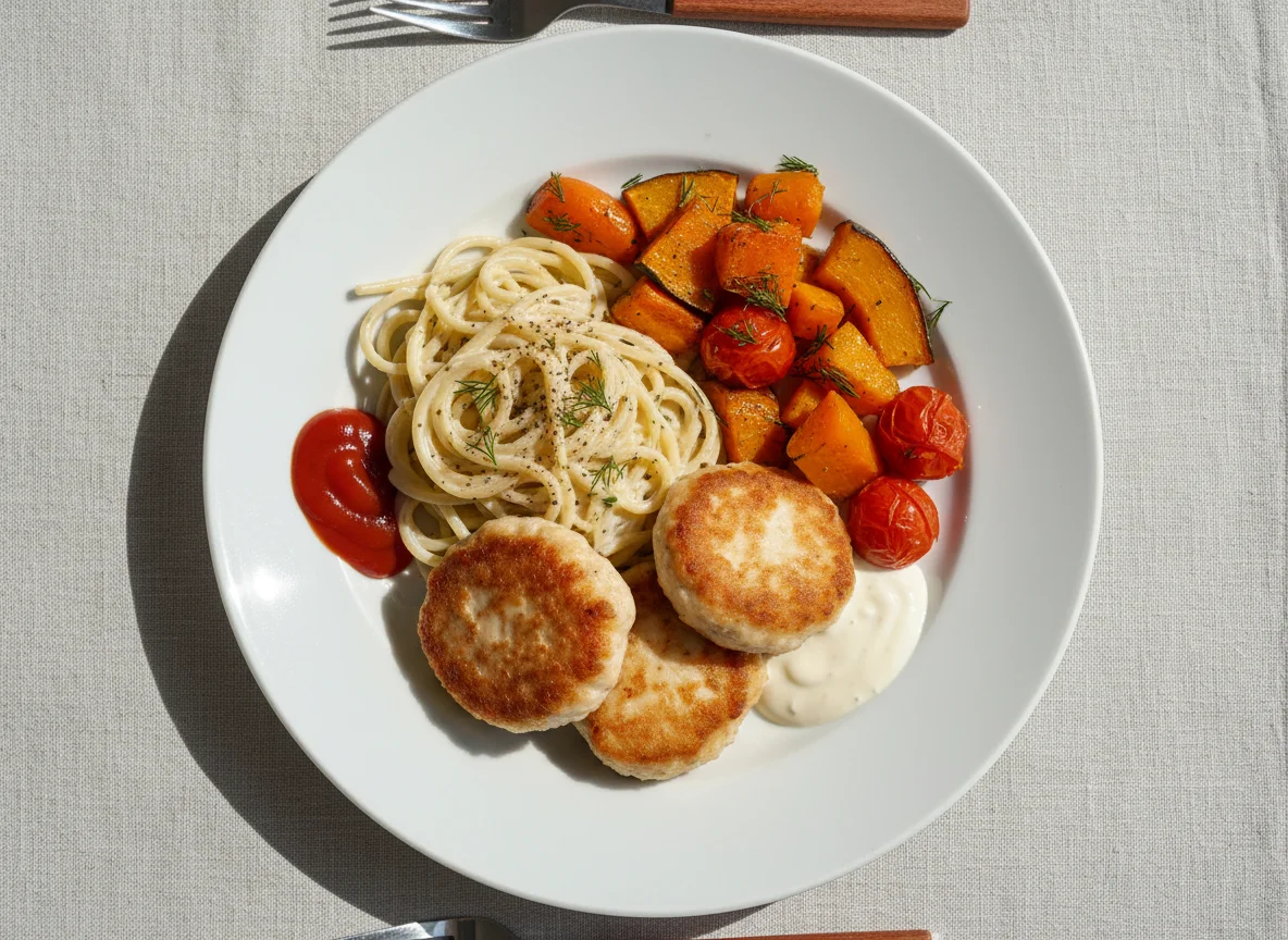 Обед с котлетой, макаронами и овощами photo