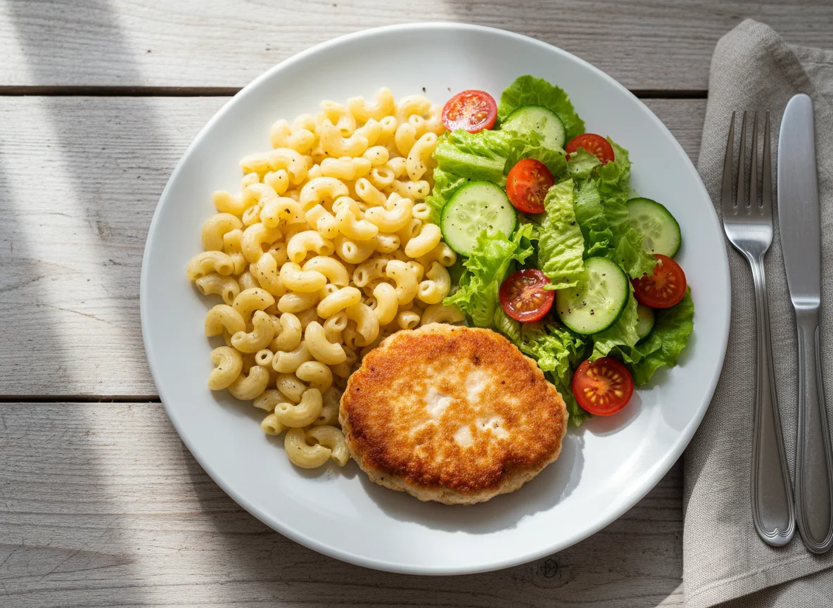 Обед с котлетой, макаронами и салатом photo