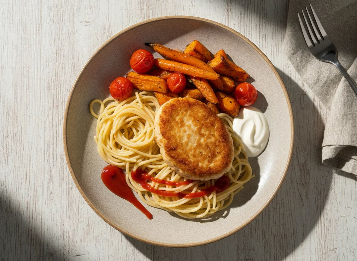 Обед с котлетой, пастой и овощами photo