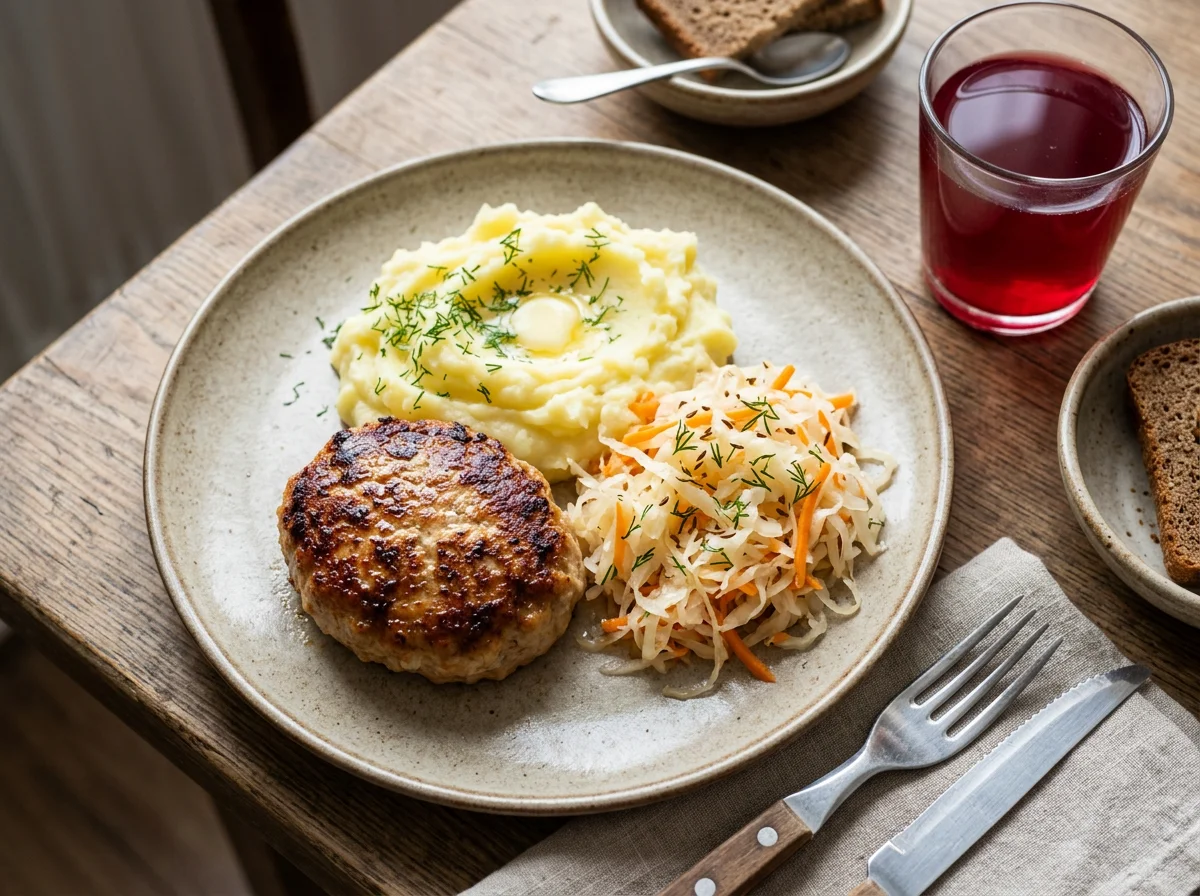 Обед с котлетой, пюре и квашеной капустой photo