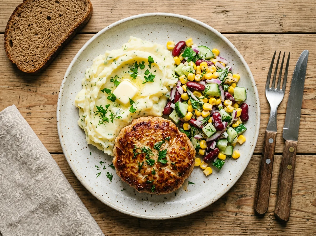 Обед с котлетой, пюре и салатом photo