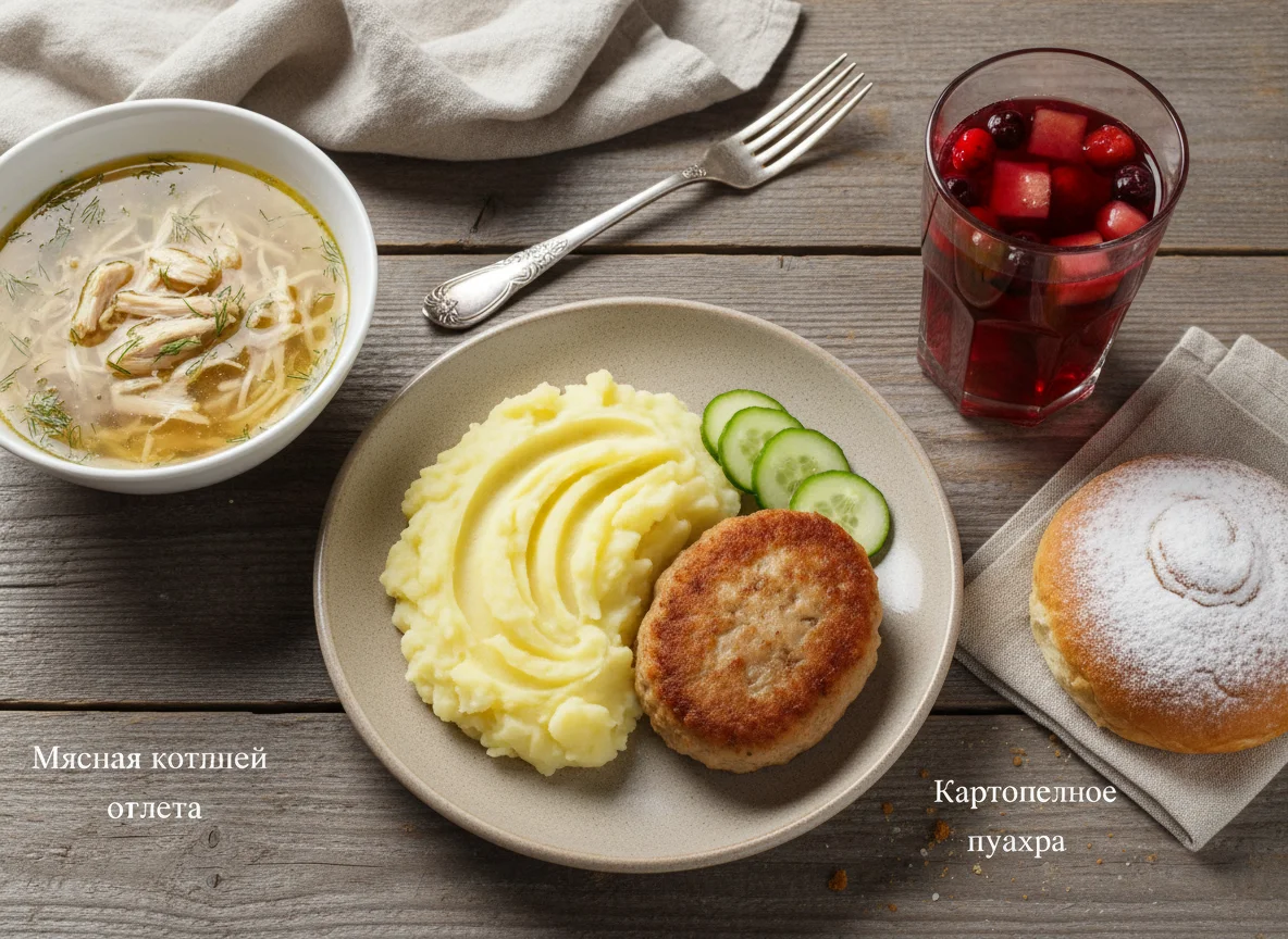 Обед с котлетой, пюре и супом photo