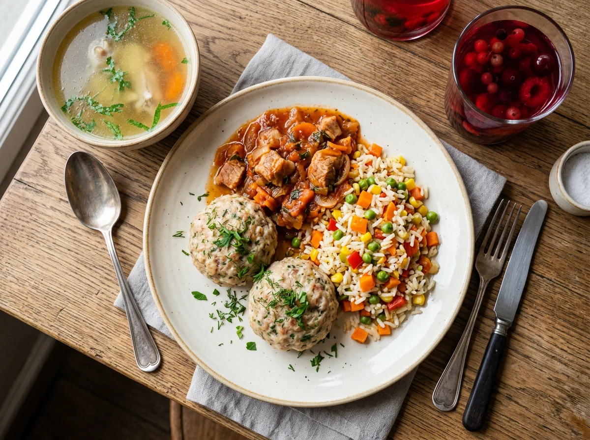 Обед с котлетой, рисом и овощами photo