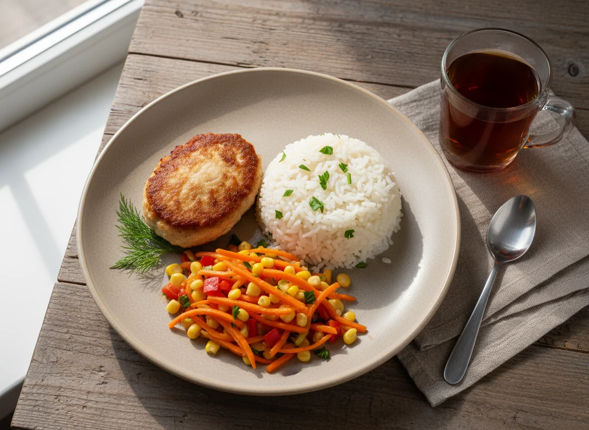 Обед с котлетой, рисом и овощным салатом photo
