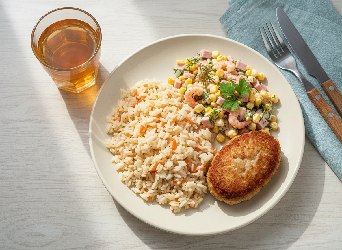 Обед с котлетой, рисом и салатом photo