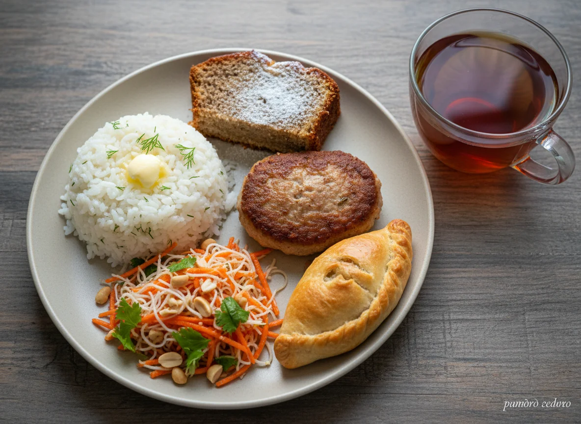 Обед с котлетой, рисом, салатом, выпечкой и десертом photo