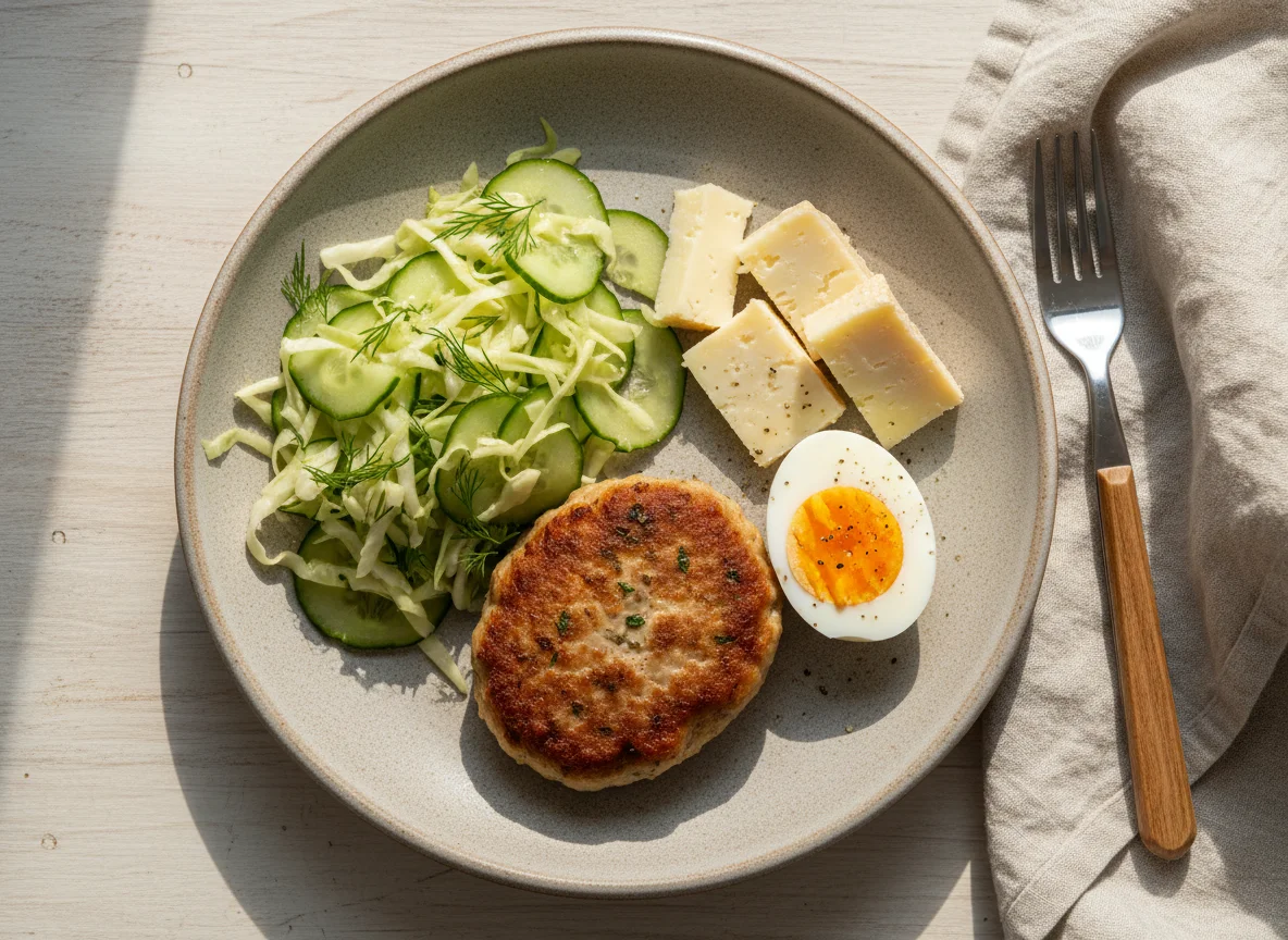 Обед с котлетой, салатом, яйцом и сыром photo