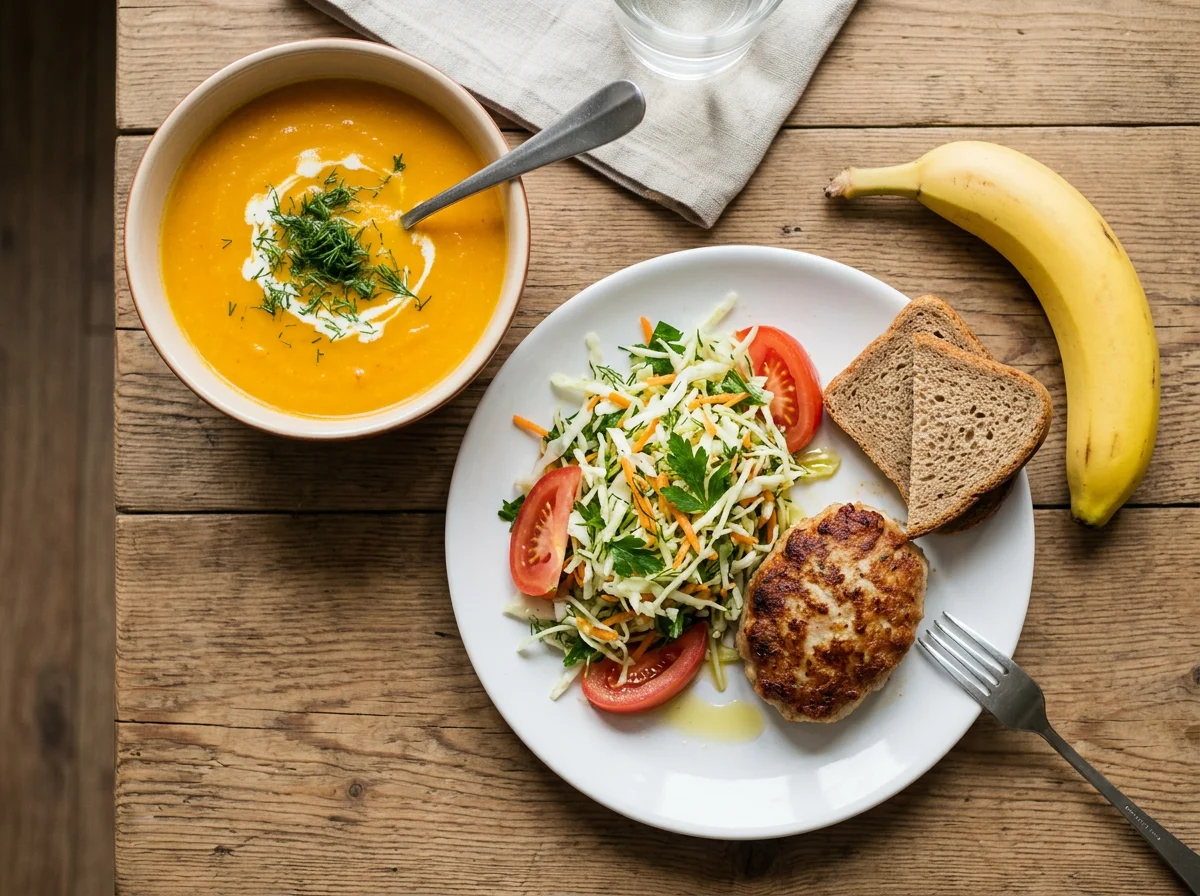 Обед с котлетой, салатом, супом и бананом photo