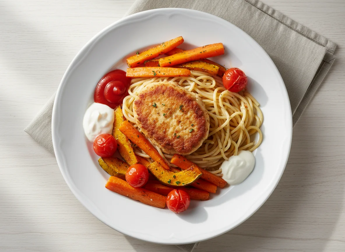 Обед с котлетой, спагетти и овощами photo