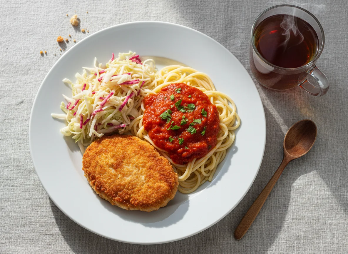 Обед с котлетой, спагетти, салатом и чаем photo