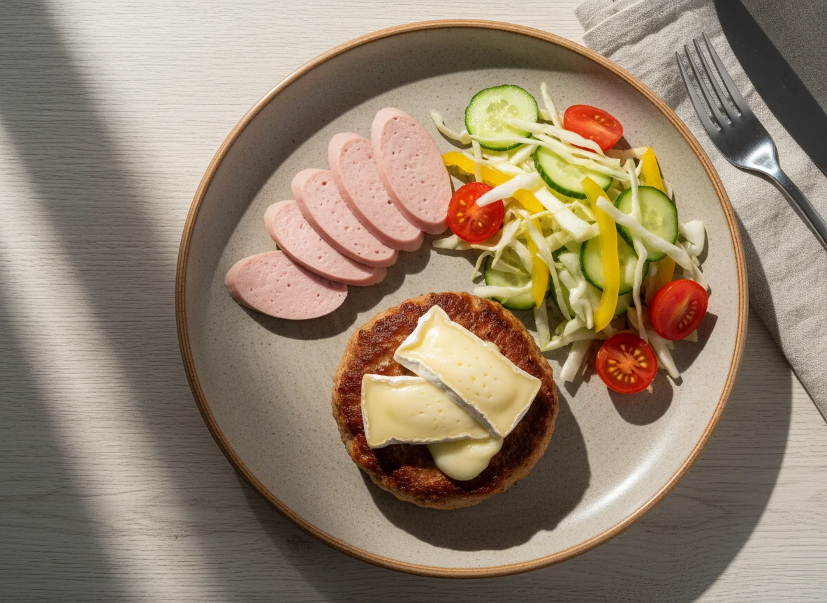 Обед с котлетой, сыром и салатом photo